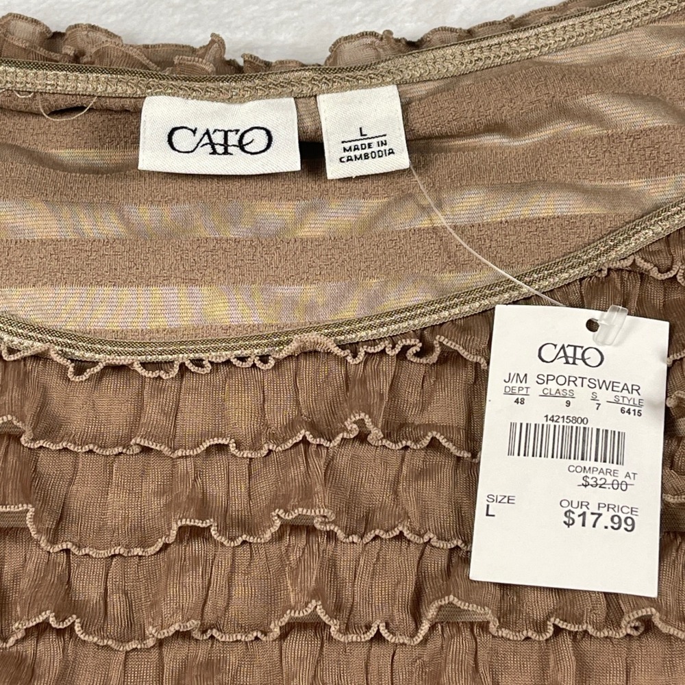 Cato Womens Brown Tiered Ruffle Short Sleeve Scoop Neck Blouse Top Size L NEW - Picture 6 of 7